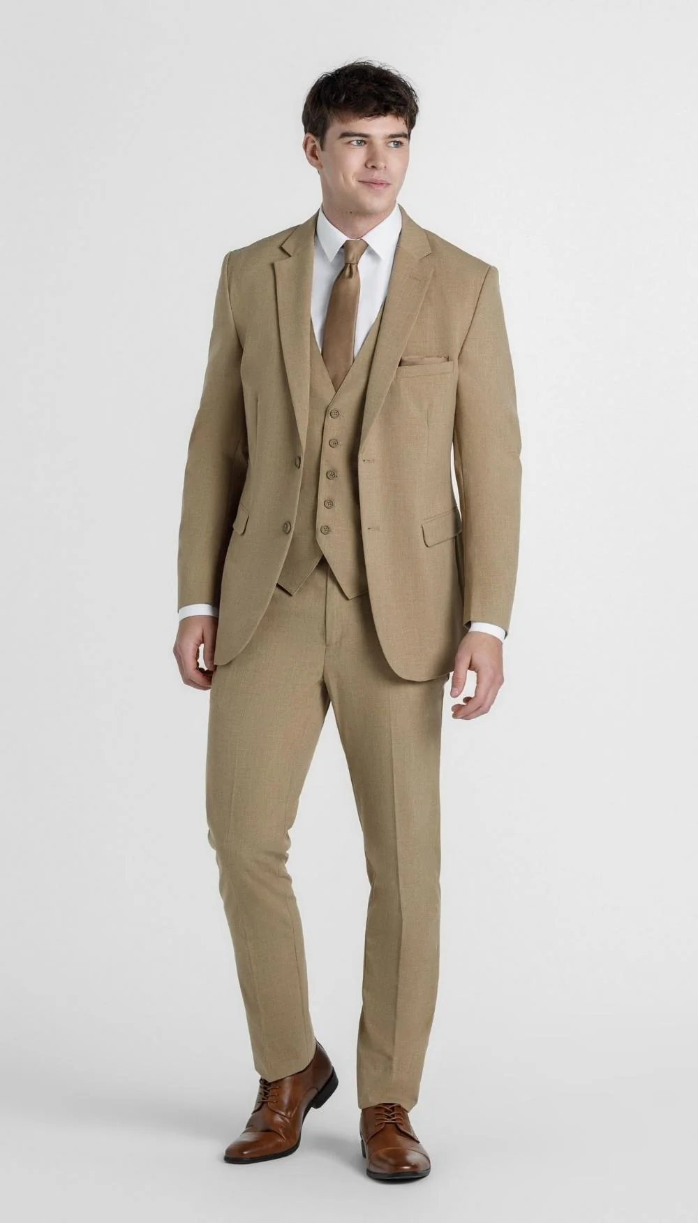 Trim Fit 3 Piece Suit Camel - Image 5