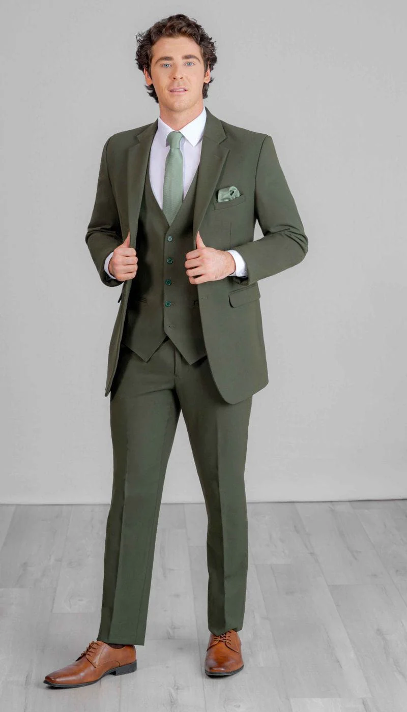 Trim Fit 3 Piece Suit Olive Green - Image 6